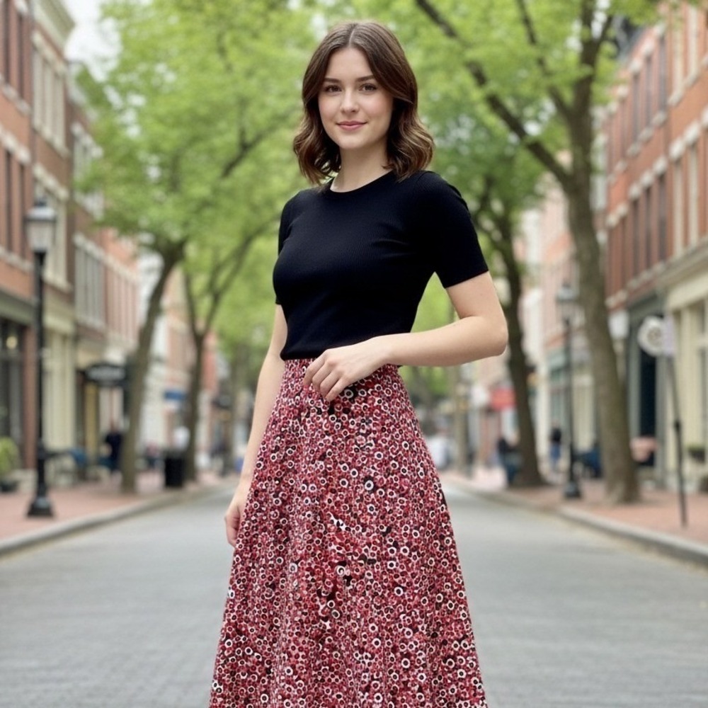 Cato Womens Size Small Geometric Circle Print Skirt Red Black Midi Elastic Waist